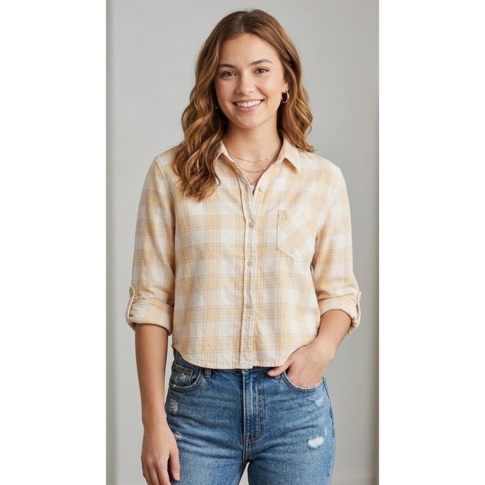Vintage Y2K Mossimo Beige & Yellow Pastel Plaid Semi-Cropped Flannel Shirt Med